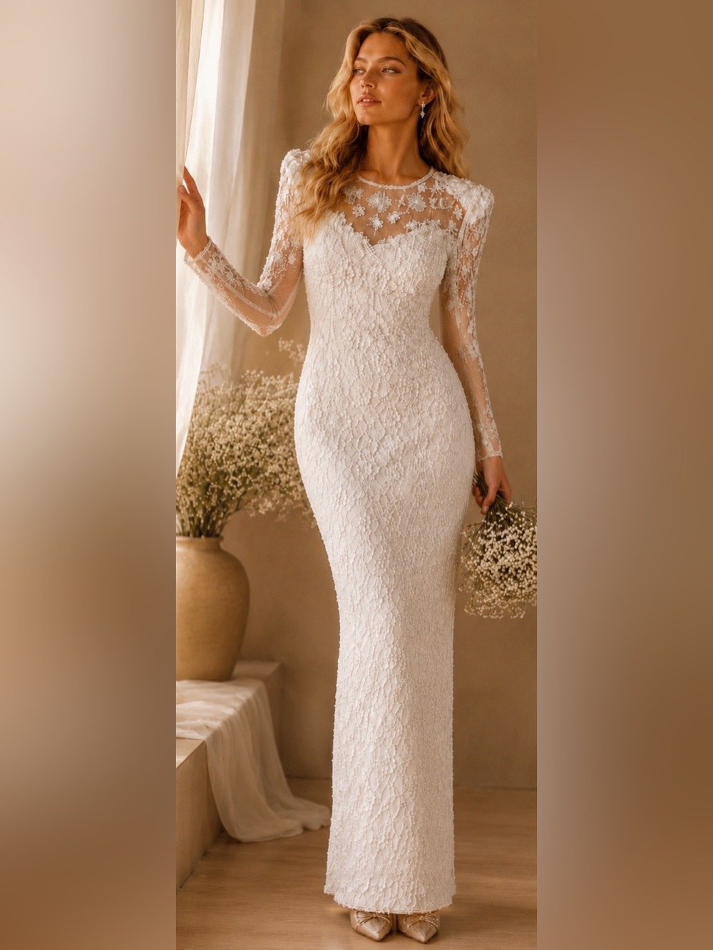 Scala Beaded Illusion Long Sleeve Wedding Gown w/ Floral Mesh Neckline, Size PS
